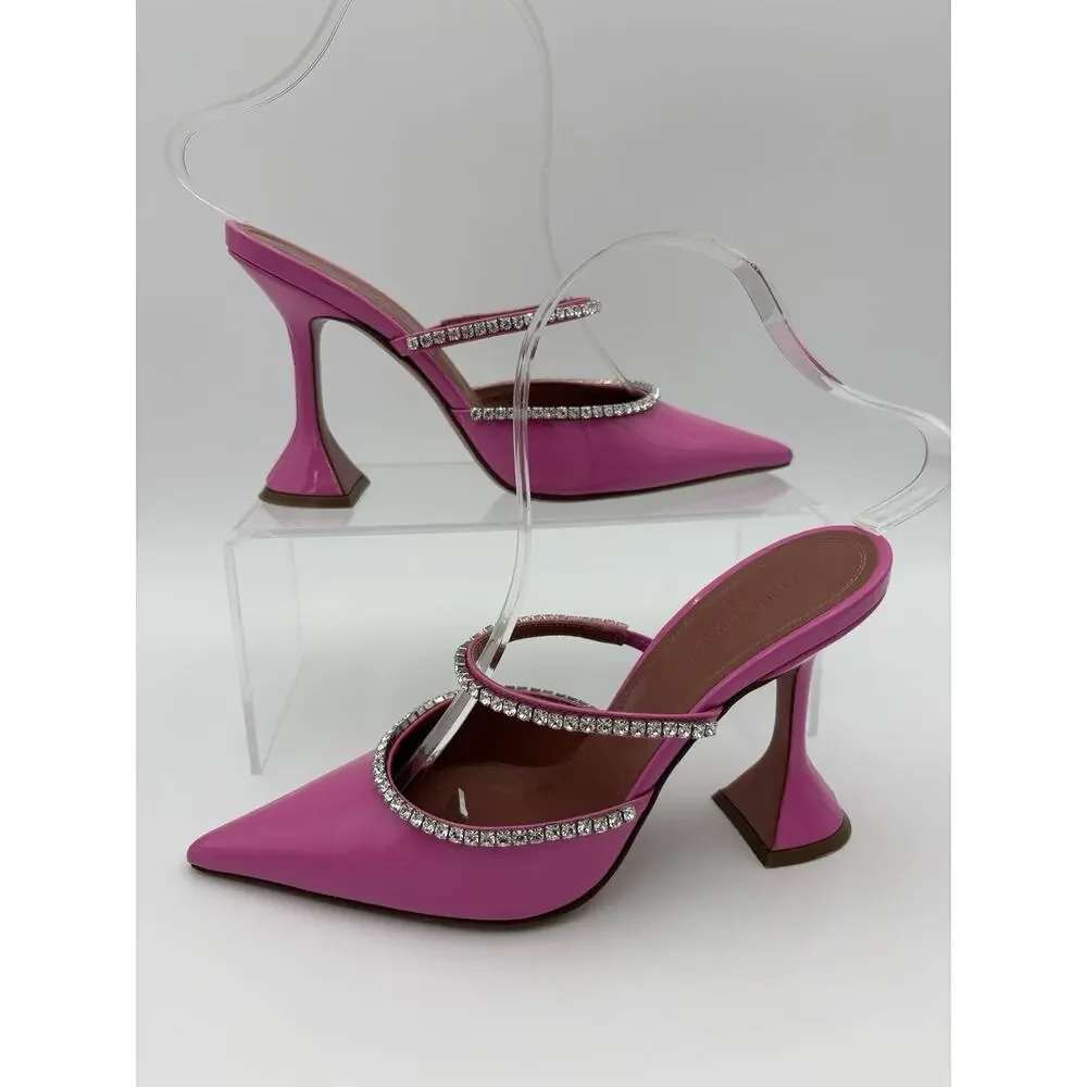 Amina Muaddi Gilda Mules Crystal Pink Patent Leather Size 36.5 / 6.5